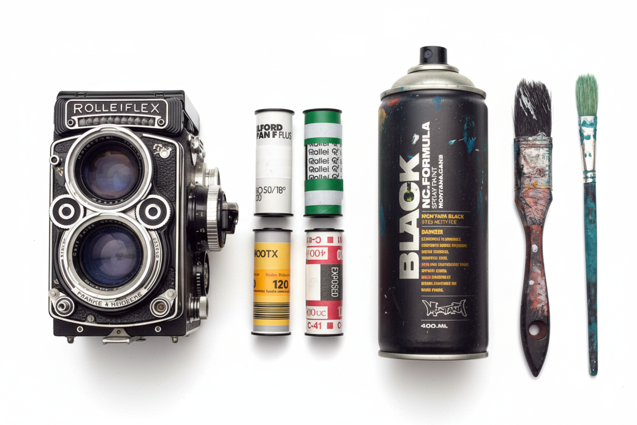 Photography and mural art tools including Rolleiflex camera, film rolls, spray paint, and brushes